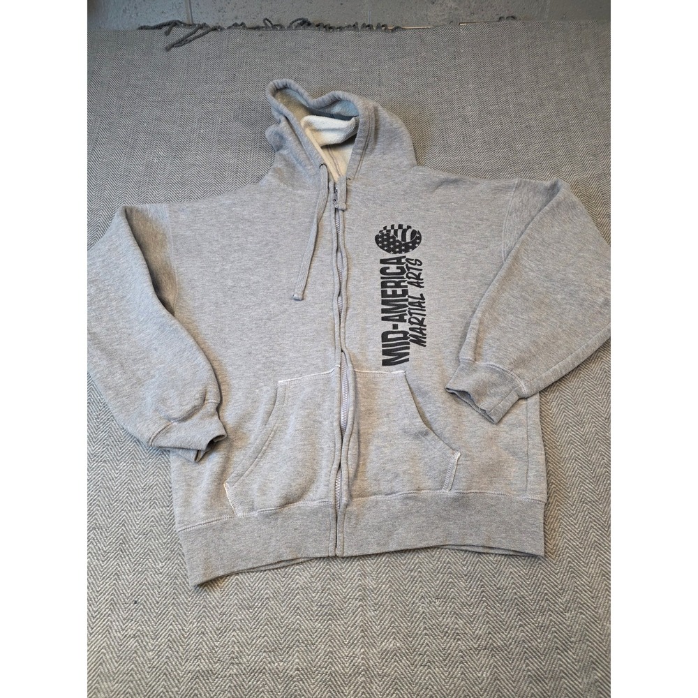 Hoodie Mens Gray Mid-America Martial Arts Graphic PRint Drawstring Full Zipper